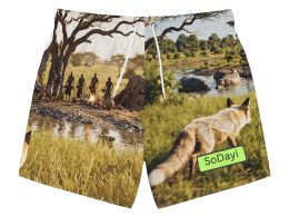 SoDayi, African Safari Wildlife Swim Trunks — Giraffe, Elephant & Fox All-Over Print