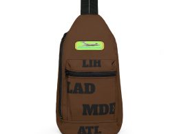 Première Classe, Brown Destination 'Lets Go!!' Sling Bag with Neon Airplane Patch