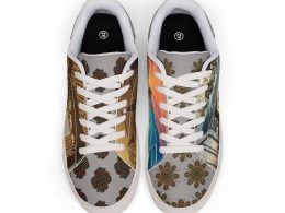 SoDayi, Leather Low-Top Sneakers with Vintage Travel Collage Print