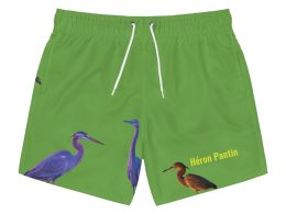 Héron Pantin, Print Swim Trunks — Tropical Beach Swimwear with 'Héron Pantin' Text