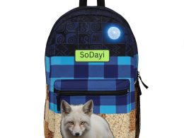 SoDayi Pale Fox Patchwork Backpack | Blue Plaid Moon Paw Print