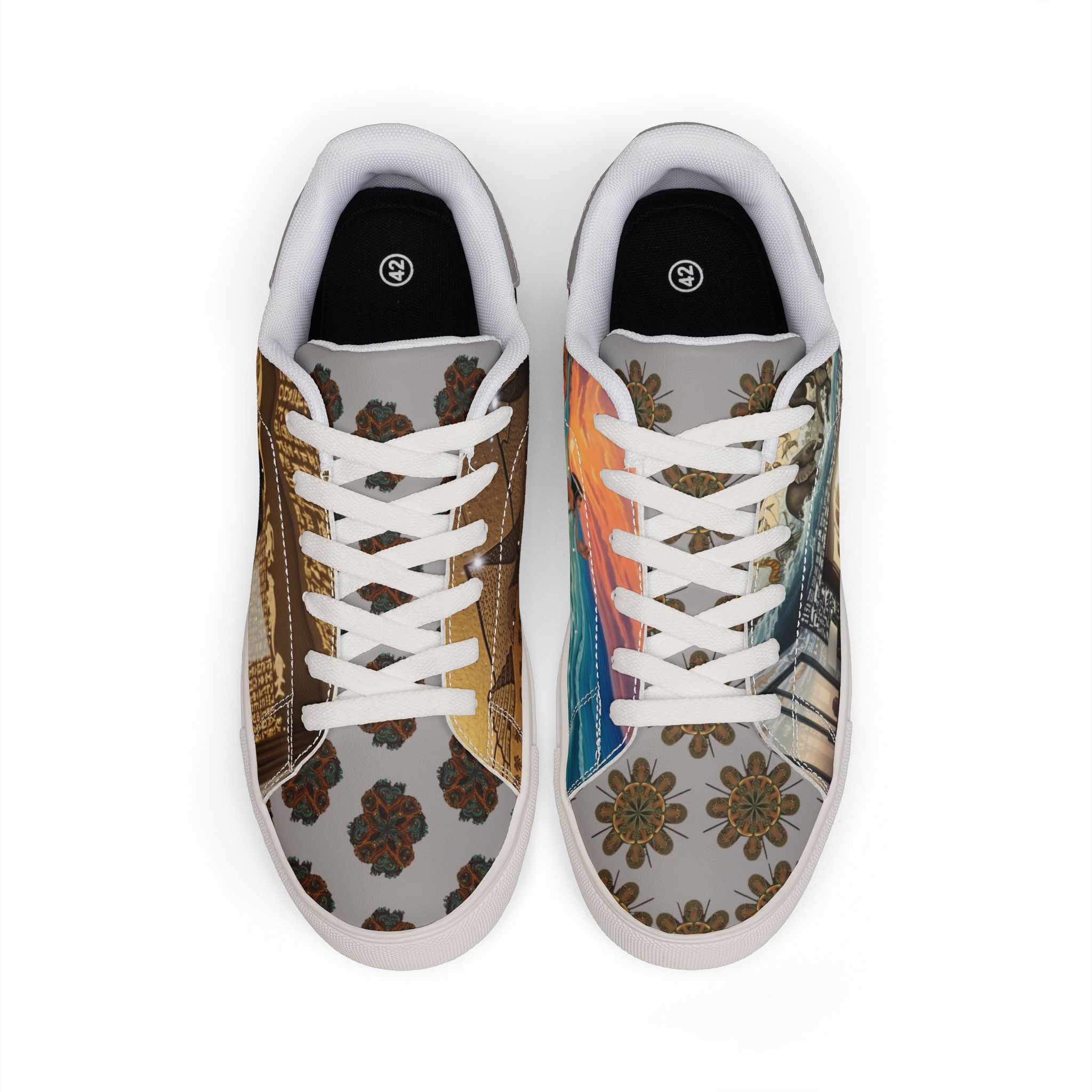 SoDayi, Leather Low-Top Sneakers with Vintage Travel Collage Print