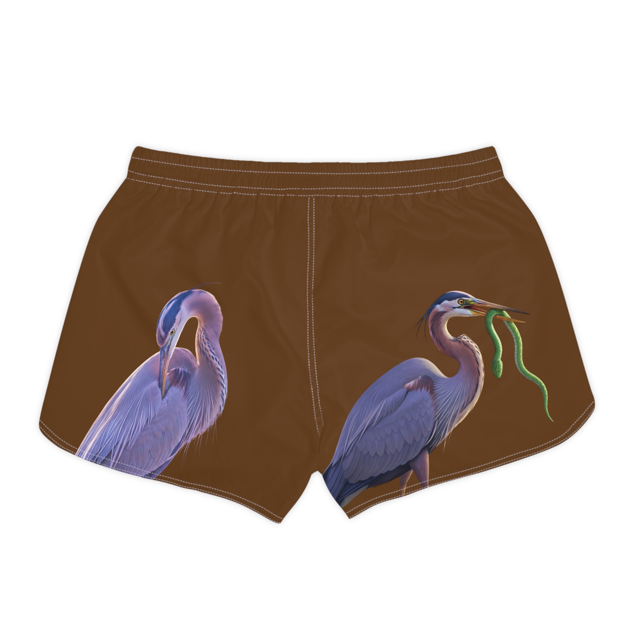 Héron Pantin, (Púrpura Garzón) Brown Illustrated Women's Casual Shorts - Image 2