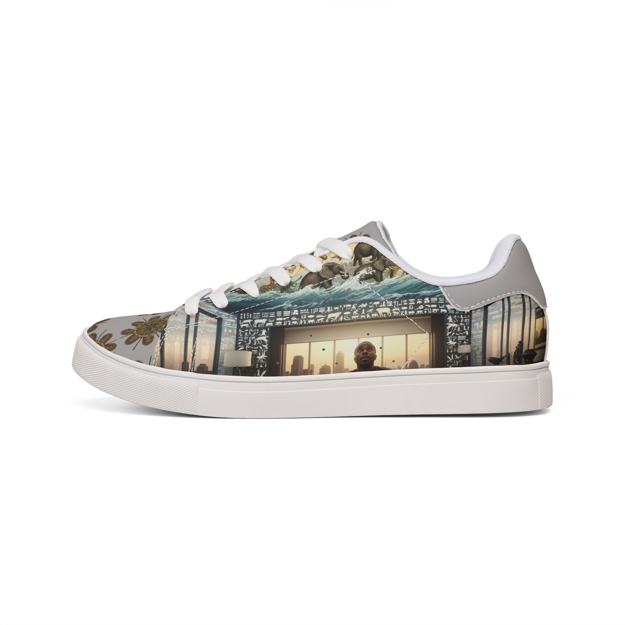 SoDayi, Leather Low-Top Sneakers with Vintage Travel Collage Print - Image 2