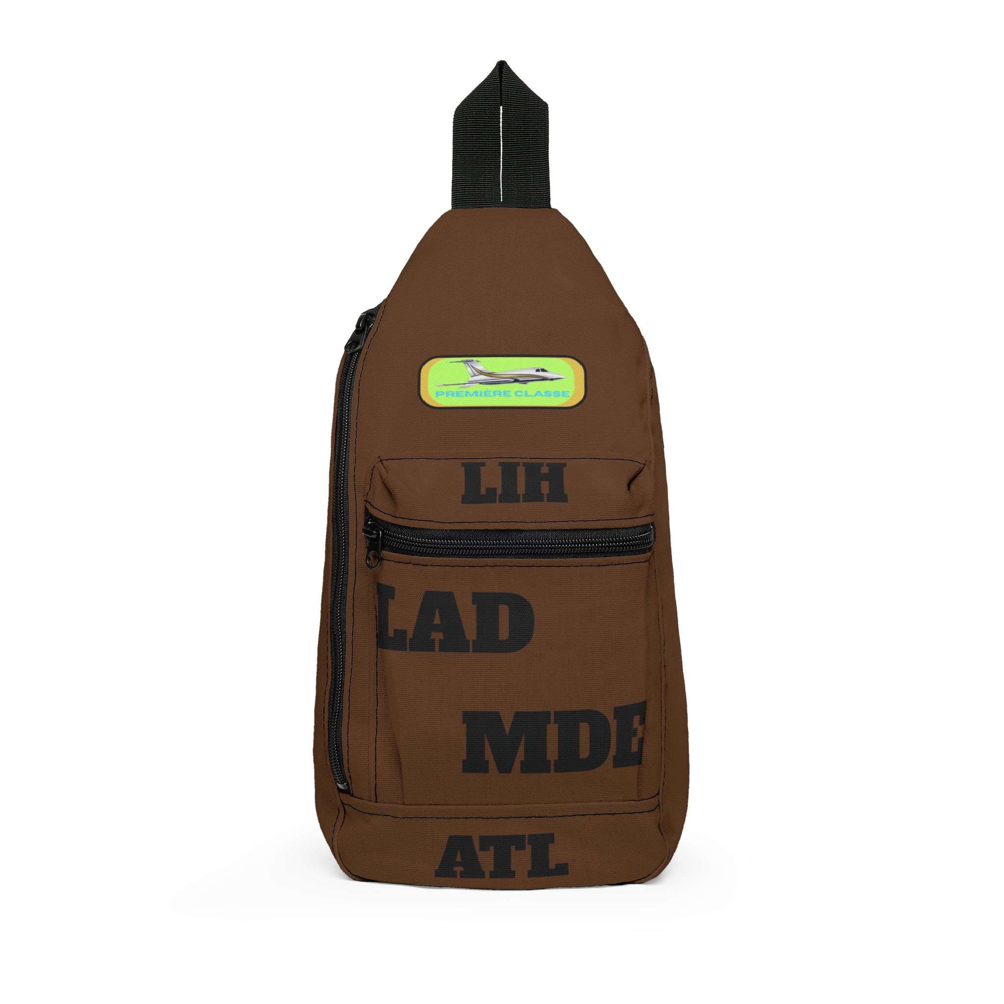 Première Classe, Brown Destination 'Lets Go!!' Sling Bag with Neon Airplane Patch