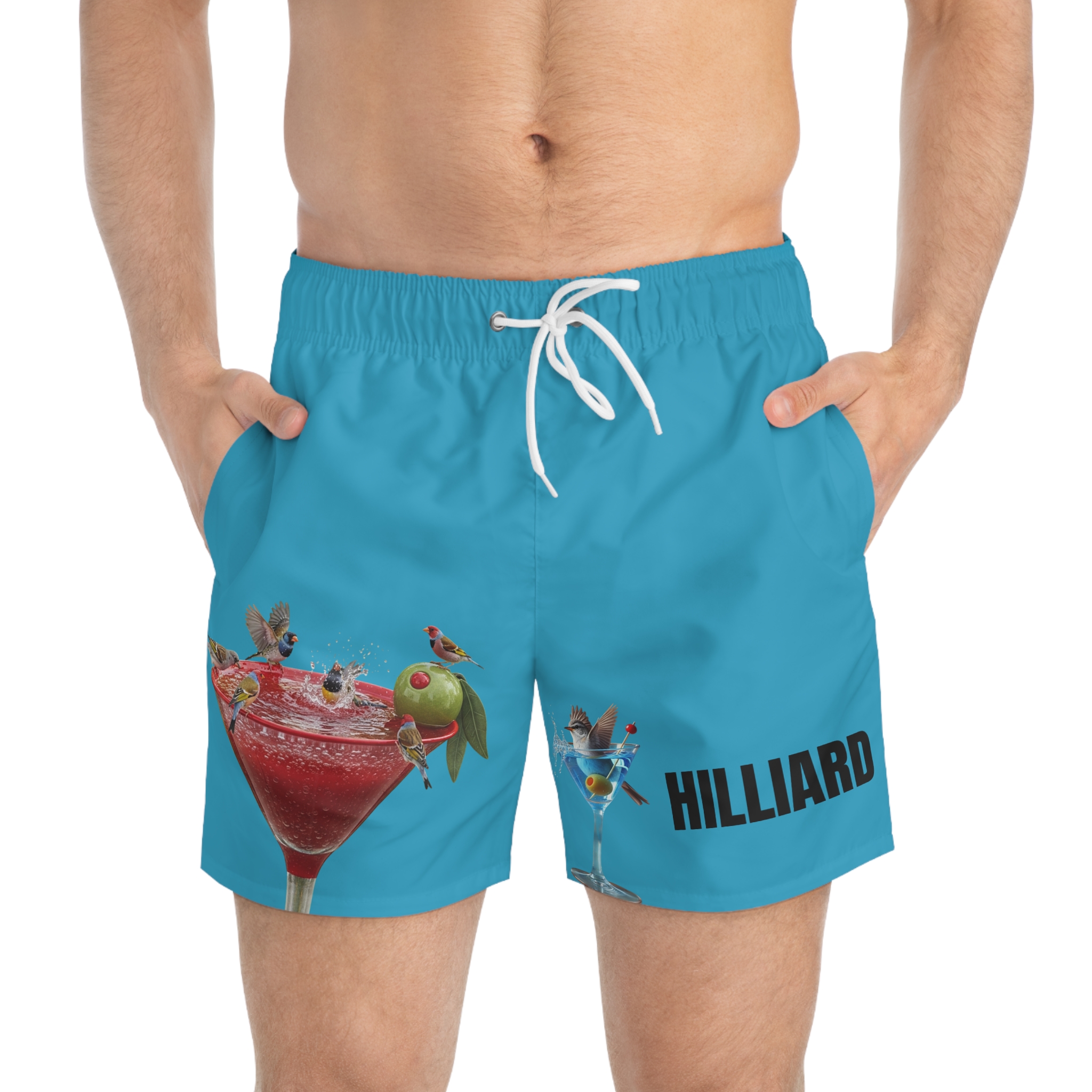 Hilliard, Swim Trunks — Bird Bathe Cocktail Print Beach Shorts - Image 3