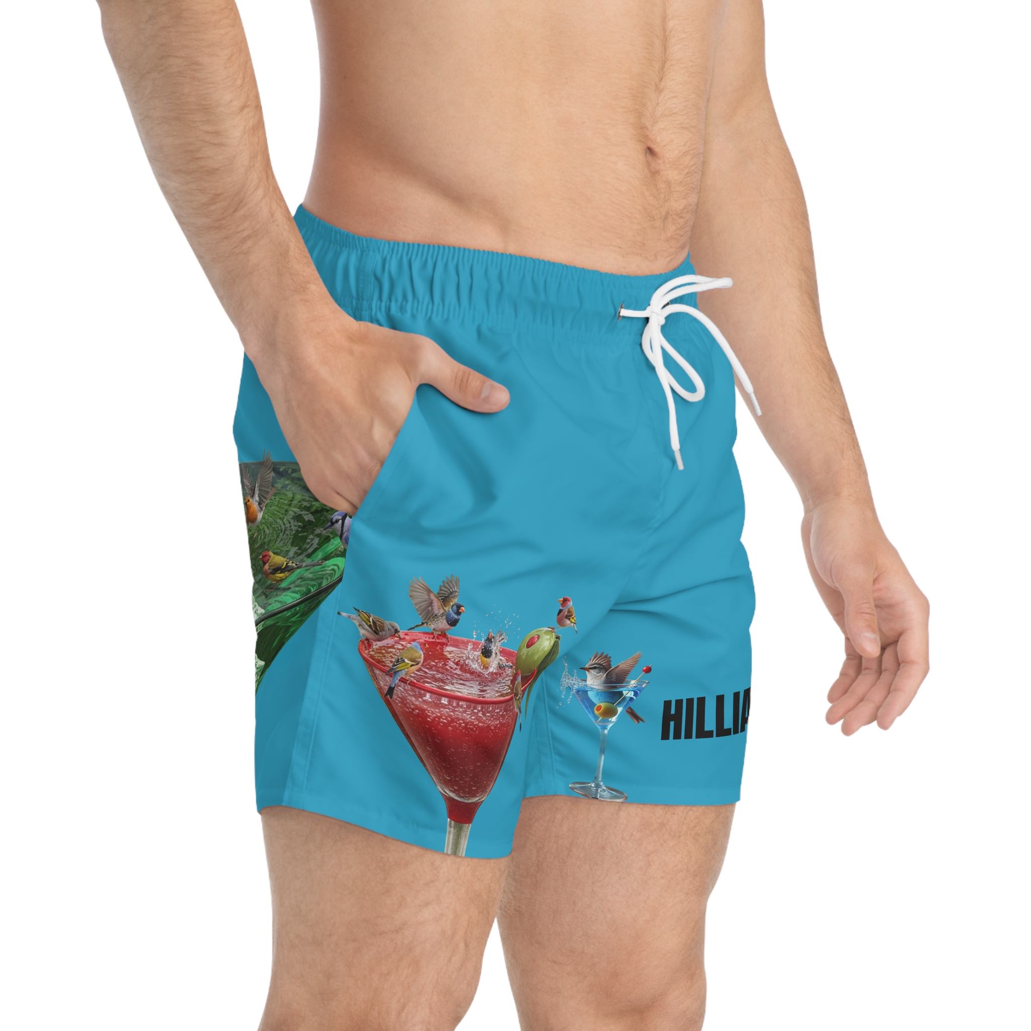 Hilliard, Swim Trunks — Bird Bathe Cocktail Print Beach Shorts - Image 4