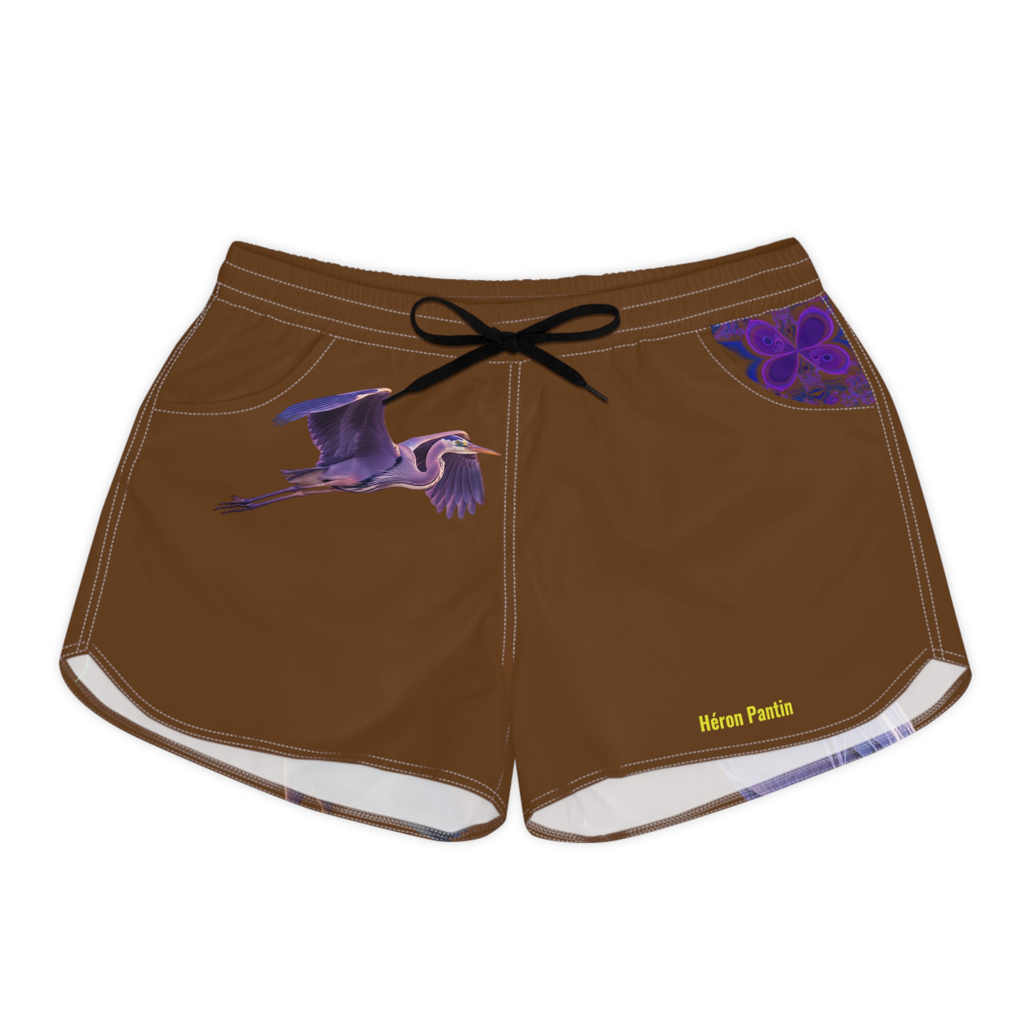 Héron Pantin, (Púrpura Garzón) Brown Illustrated Women's Casual Shorts